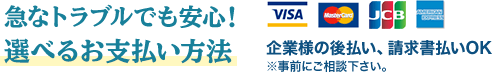 急なトラブルでも安心!選べるお支払い方法。企業様の後払い請求書払いOK。事前にご相談下さい。